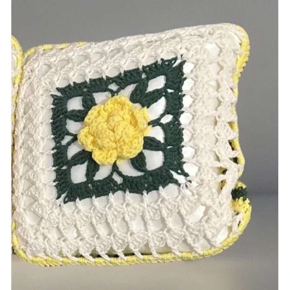 Handmade Crochet Rose Granny Square Throw Pillow Yellow White Green Floral Boho
